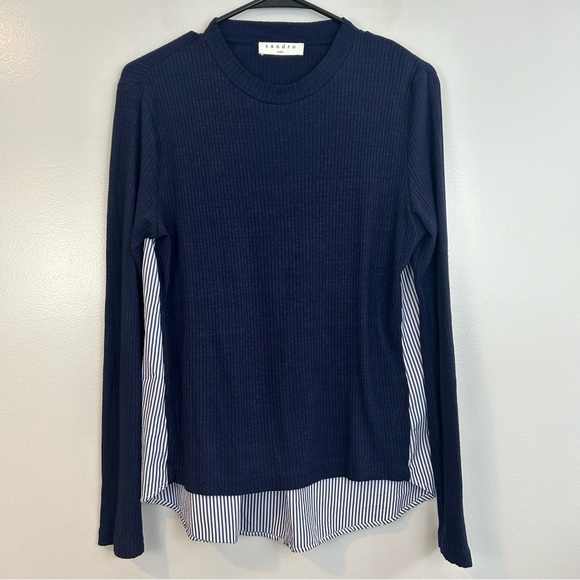 Sandro Blue Striped Knit Mixed Fabric Long Sleeve Top Size Large - Picture 1 of 11